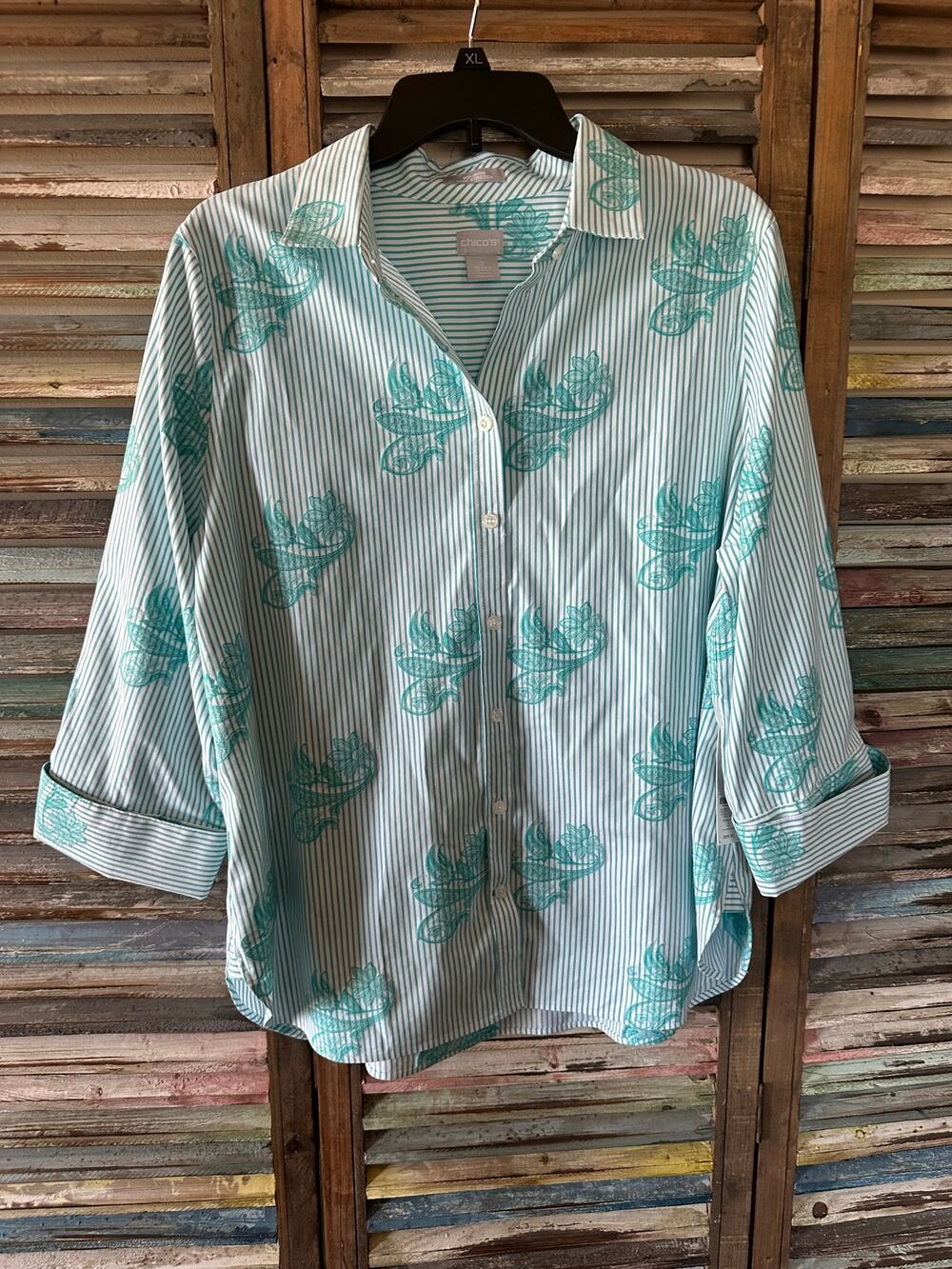 NWT Chico's No Iron Paisley Stripe Shirt 2 Large $89 Stretch